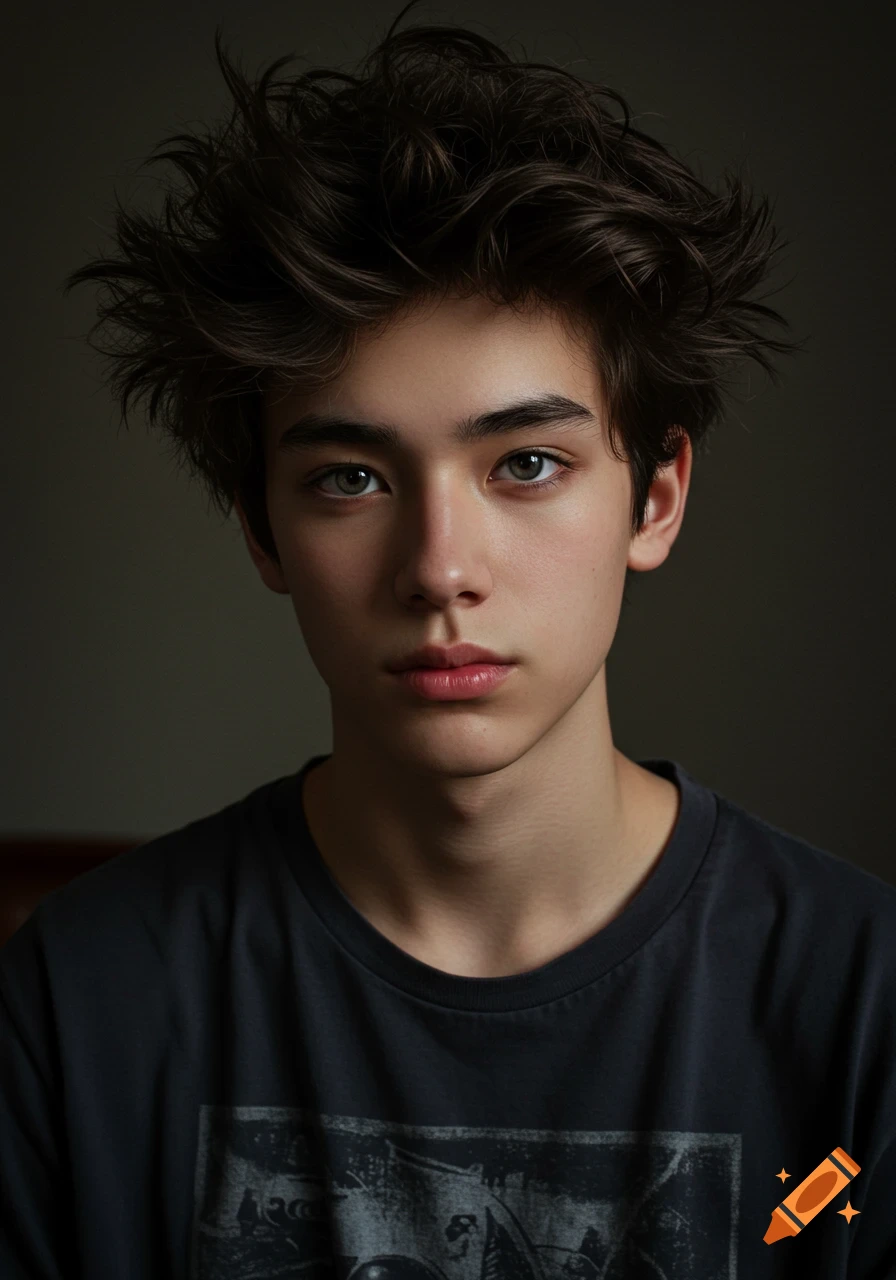 A close-up, realistic photo of a teenage boy with messy dark hair and light eyes, in dark lighting.