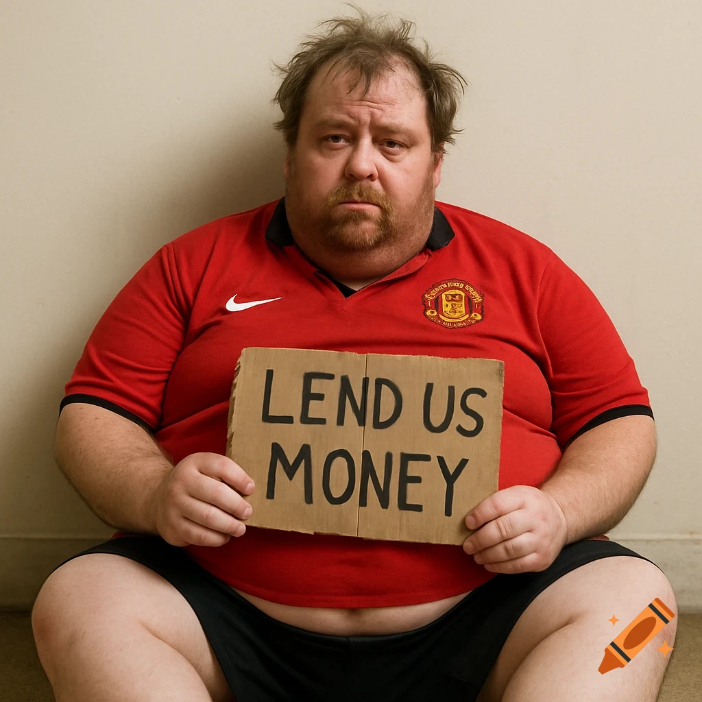 An obese, disheveled man in a red Manchester United shirt sits on the floor, holding a sign that reads 'LEND US MONEY'.