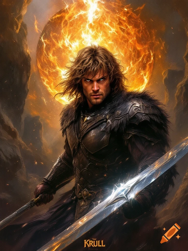 A dramatic fantasy art rendering of a male warrior in dark armor holding a glowing sword, set against a large fiery orange sun.