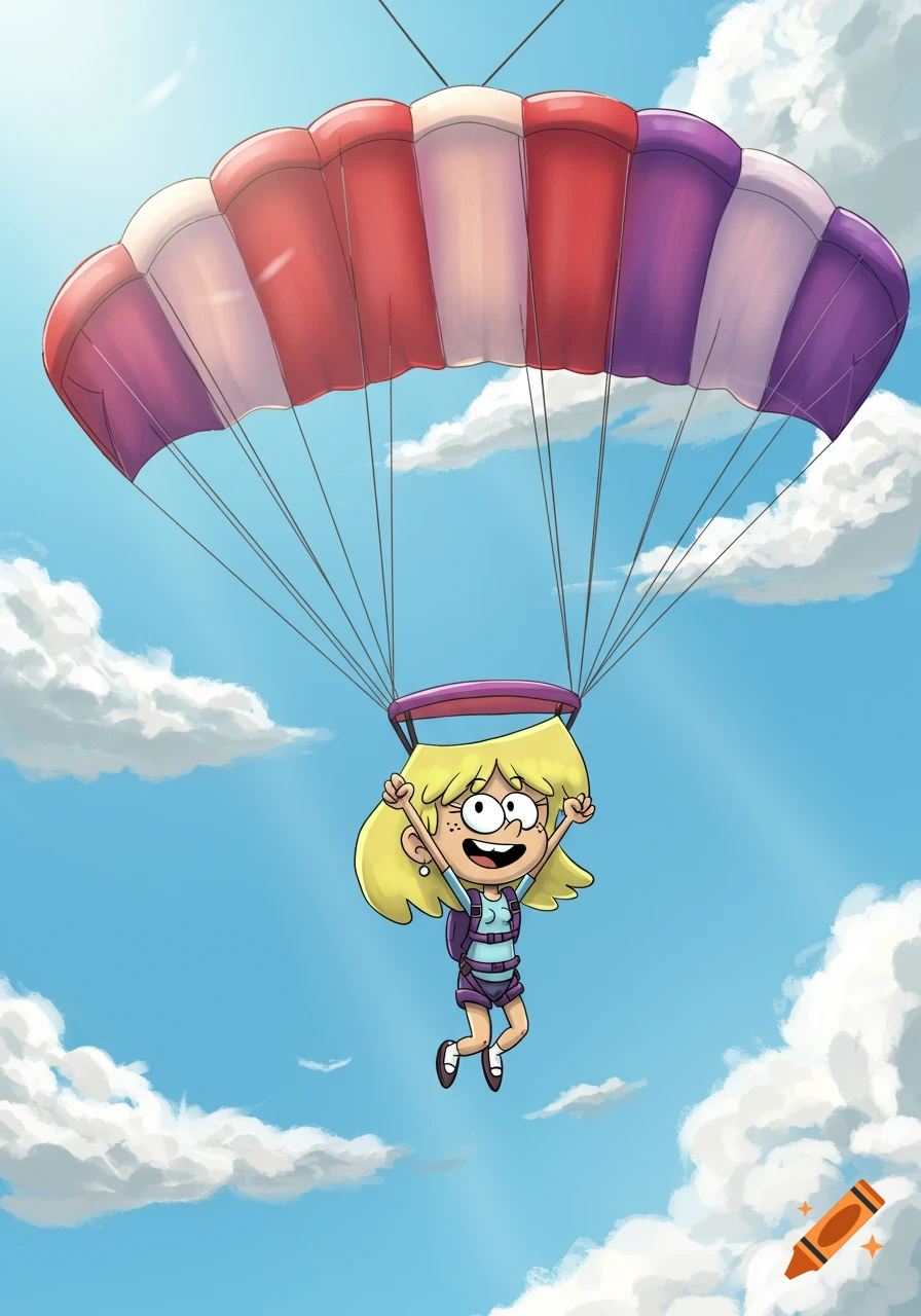 Lori Loud from The Loud House smiles while skydiving with a red, pink, and purple parachute against a blue sky.