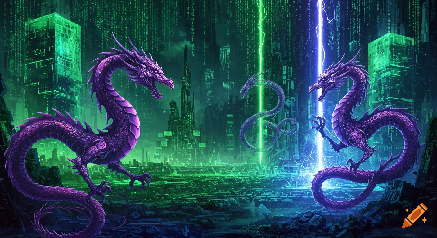 Two purple dragons face each other in a vibrant green and blue cyberpunk city with falling Matrix code and lightning.