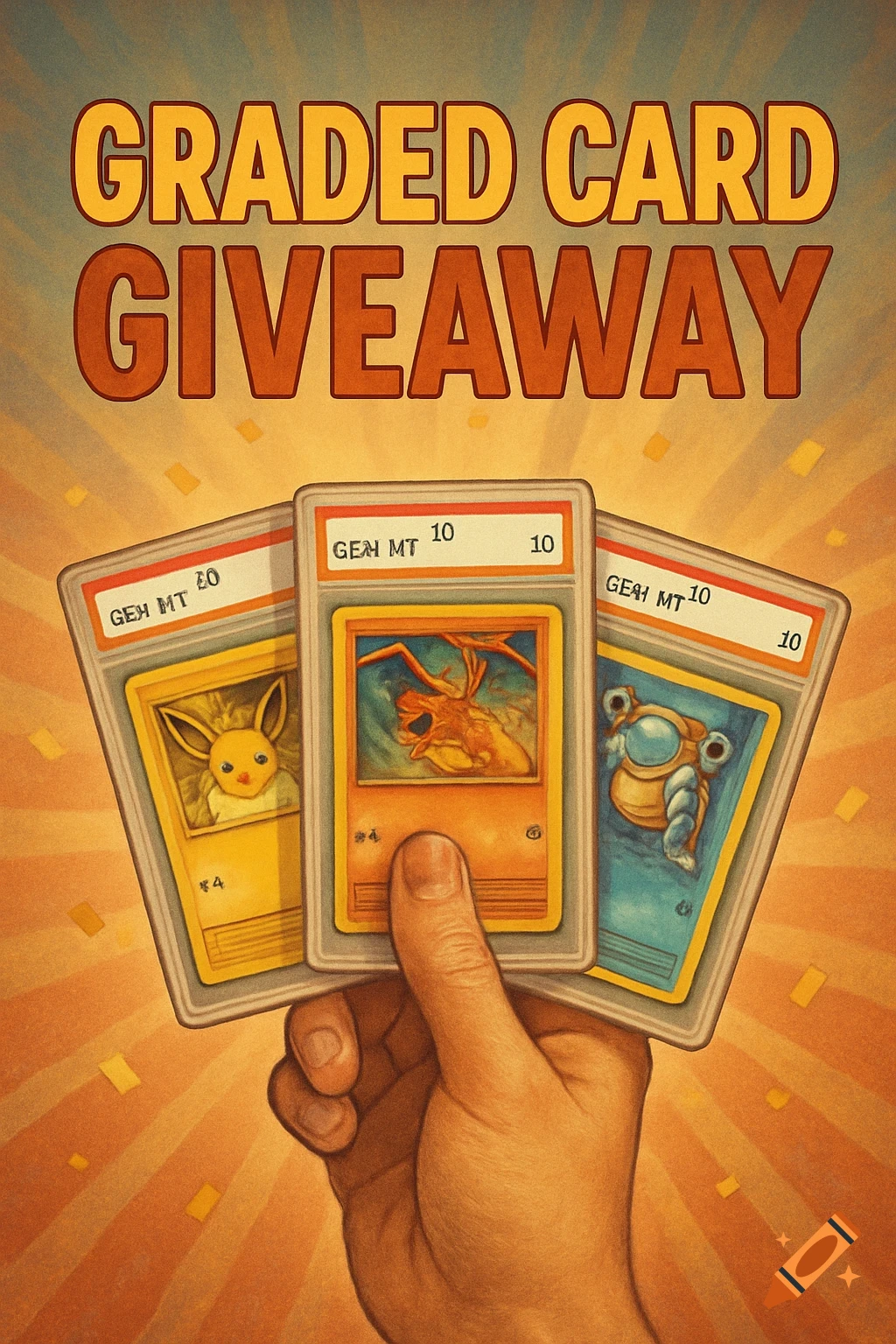 A vintage-style poster advertising a "GRADED CARD GIVEAWAY", featuring a hand holding three graded Pokemon-like cards against a yellow-orange ray background.