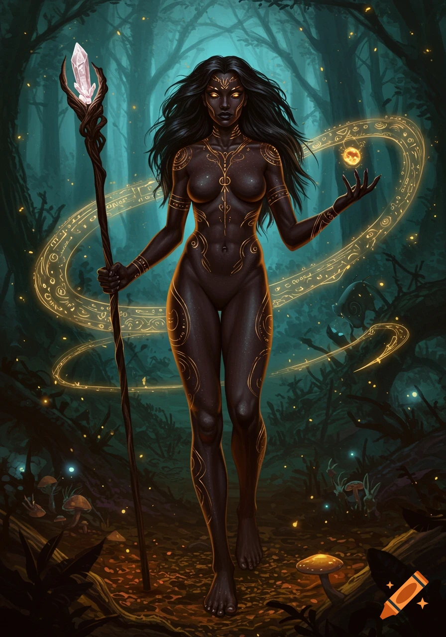 A dark-skinned humanoid goddess with glowing eyes and golden markings, holding a crystal staff and an orb, in a mystical forest.