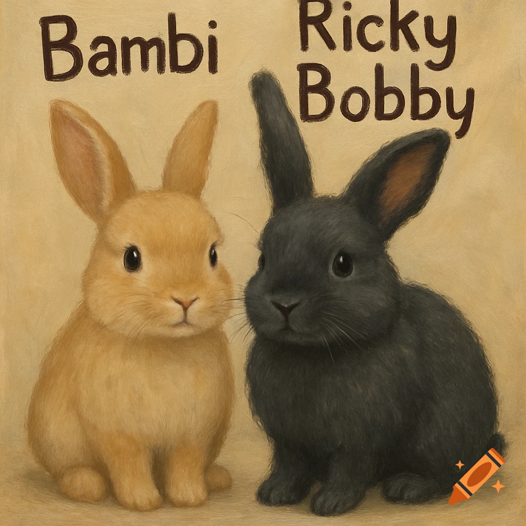 An illustration of a tan bunny and a dark grey bunny, with 'Bambi' written above the tan bunny and 'Ricky Bobby' above the dark grey bunny.