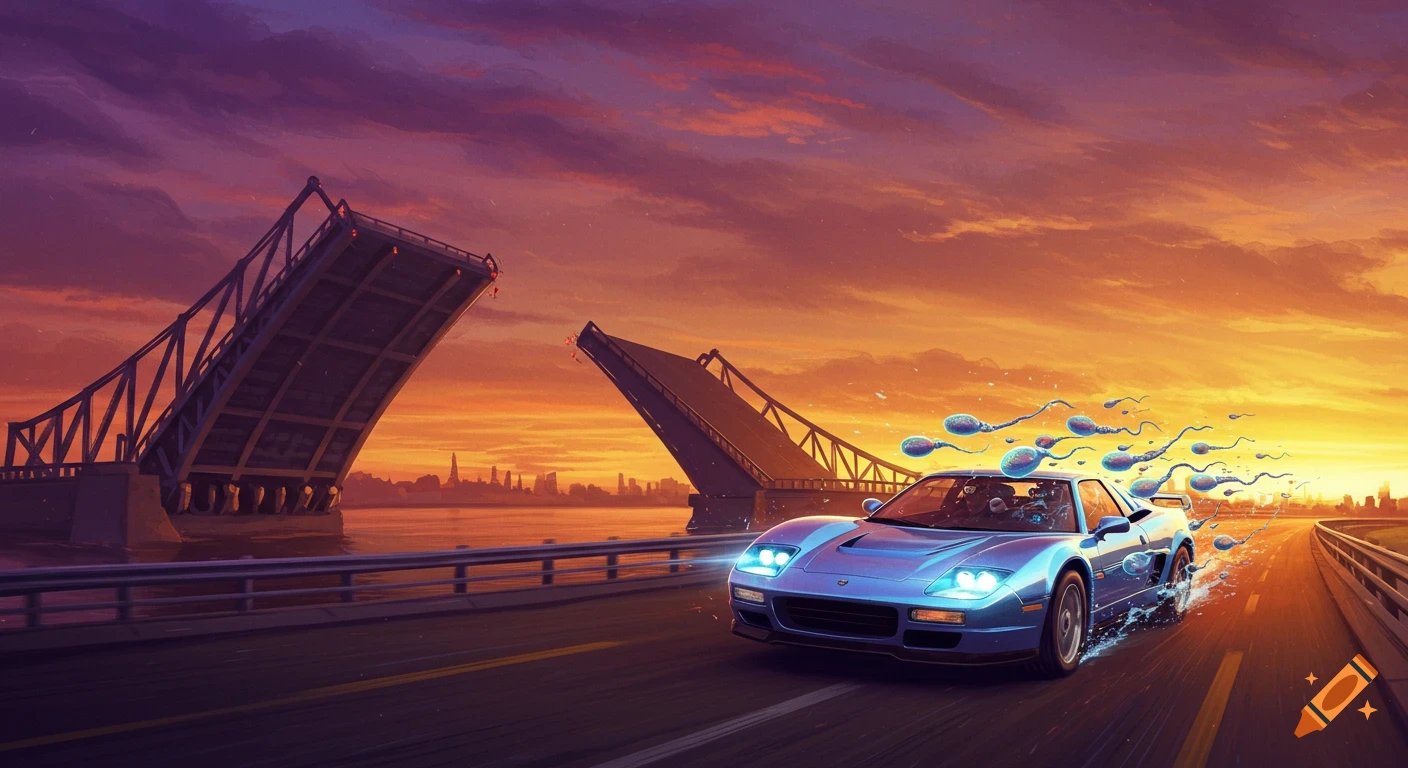 A vibrant blue sports car races on a road with stylized sperm cells trailing, approaching an open drawbridge at sunset.