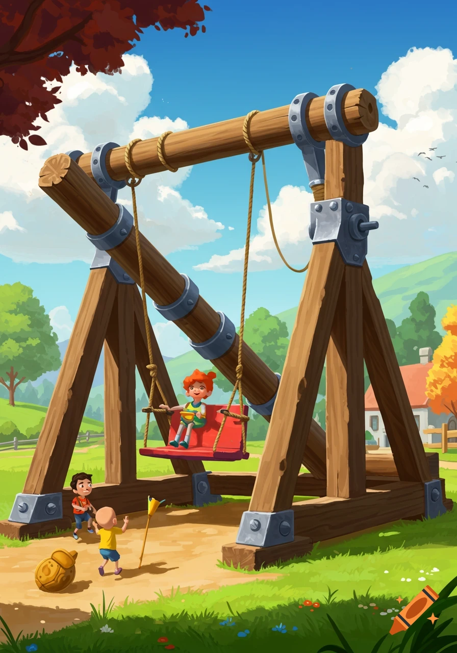 Cartoon illustration of children playing with a large wooden catapult designed as a swing in a sunny outdoor setting.