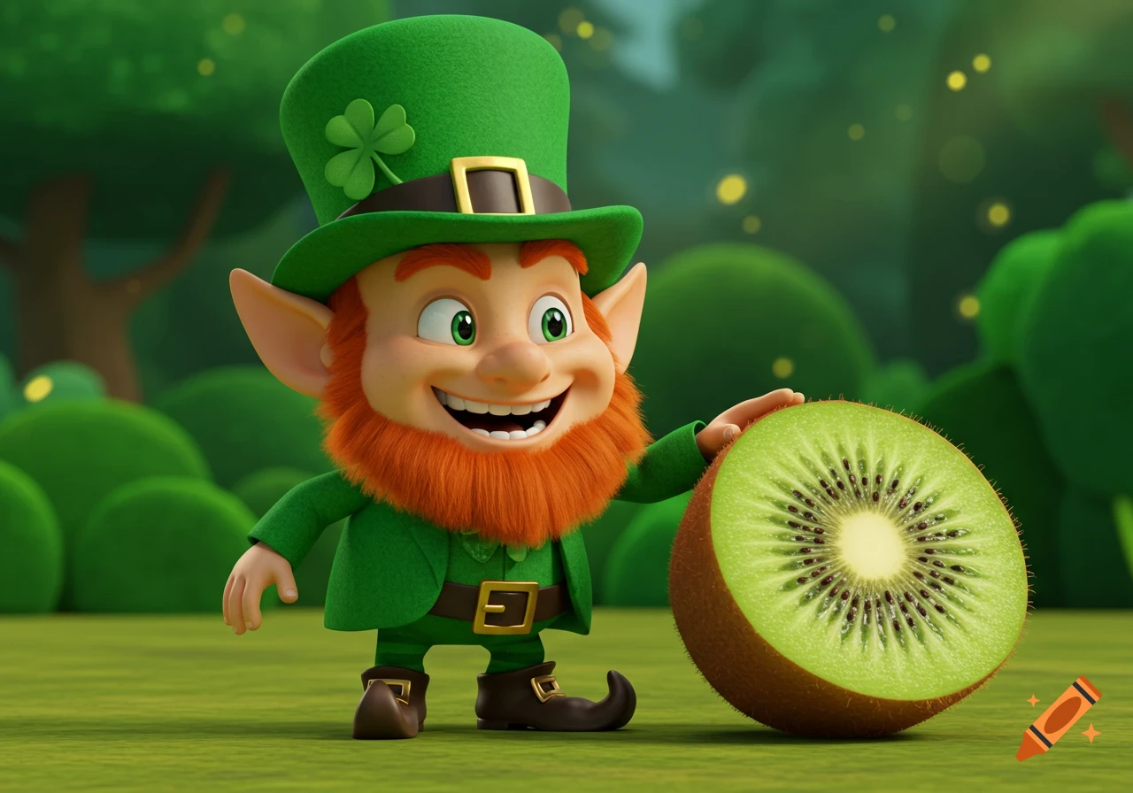 An animated leprechaun with a red beard and green suit smiles next to a large half-cut kiwi in a grassy, green outdoor setting.
