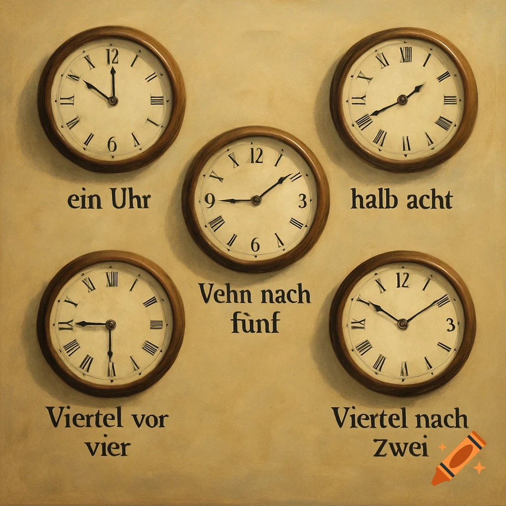 Five wooden-framed wall clocks with white faces and Roman numerals, displaying different times in German text on a beige wall.