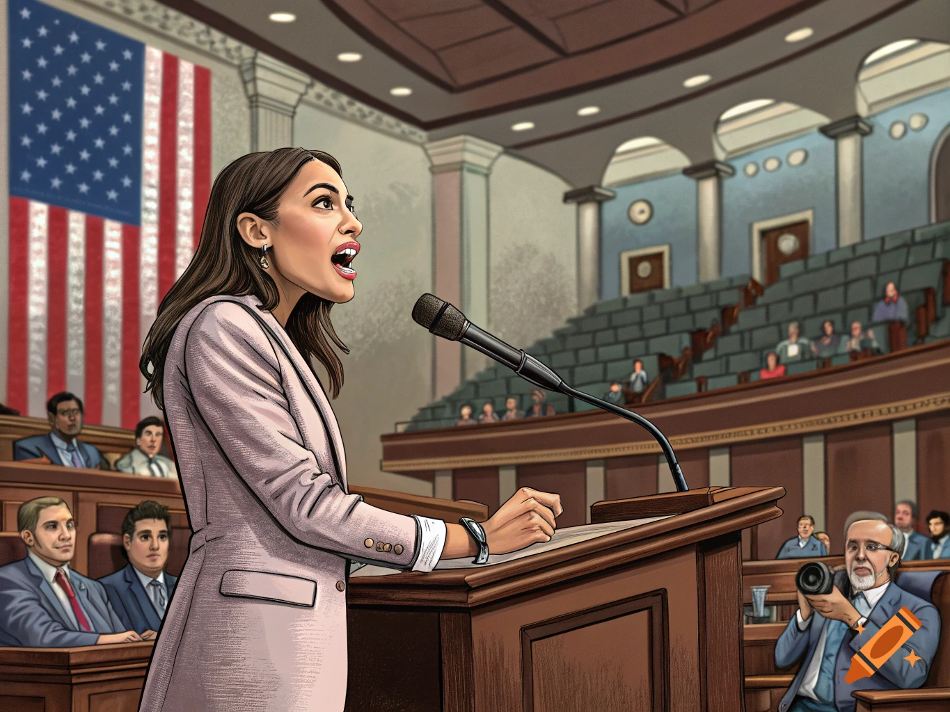Caricature of a woman resembling Alexandria Ocasio-Cortez speaking at a podium in a legislative chamber.