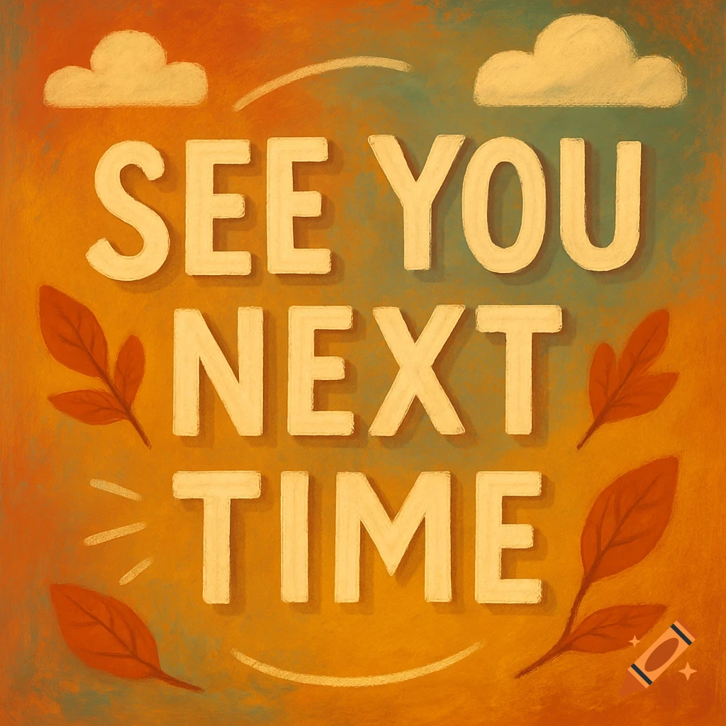 See You Next Time text in an autumnal graphic style with leaves and clouds.
