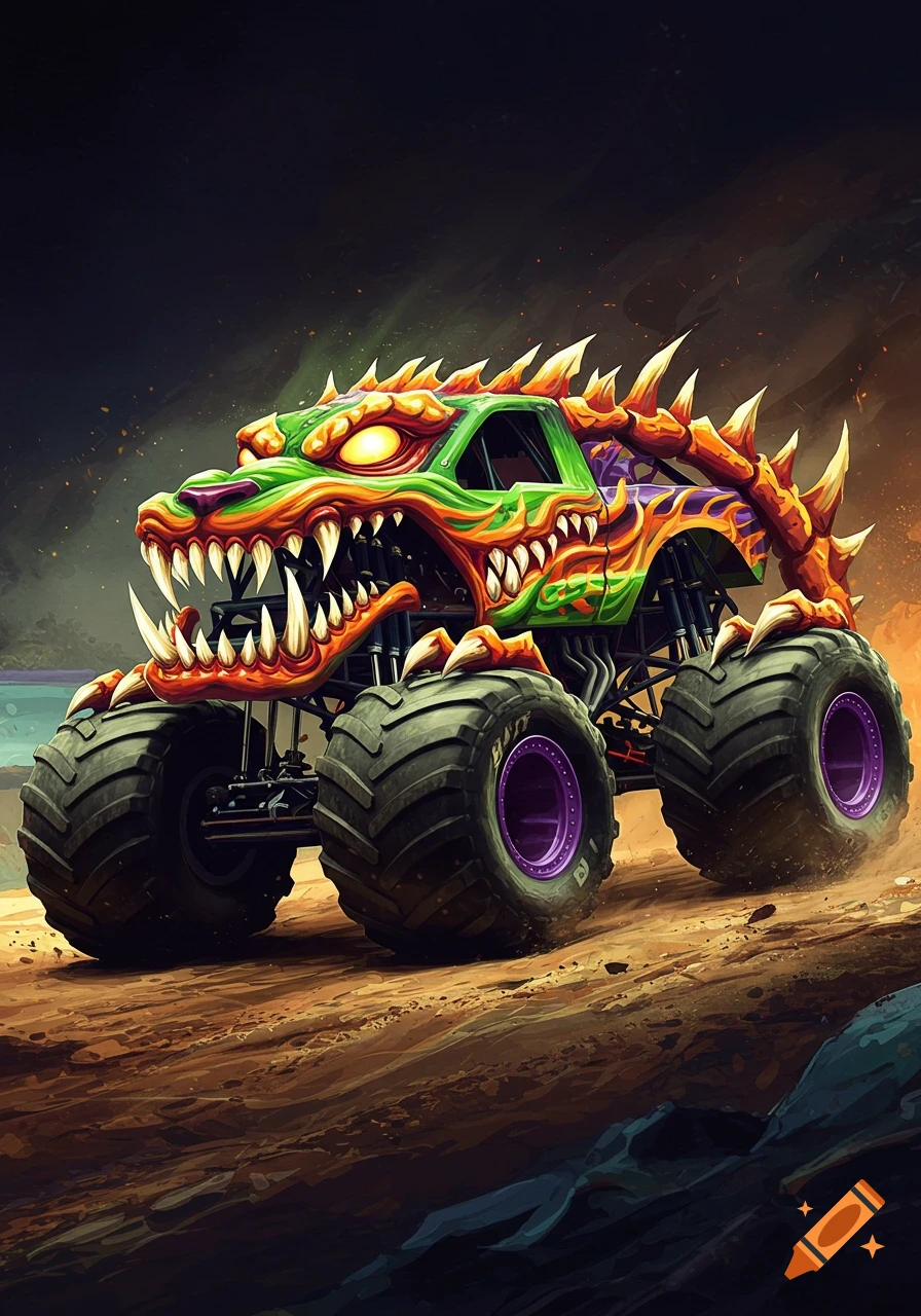 A vibrant, stylized monster truck designed like a green and orange monster with sharp teeth and spikes, driving on a dirt track.
