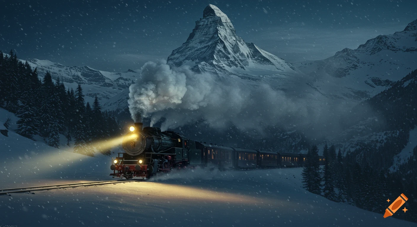 A photorealistic steam train travels through a snowy mountain landscape at night, with a prominent peak in the background.