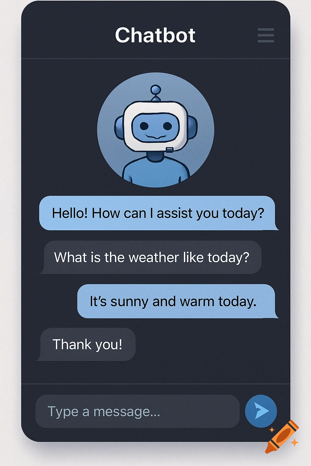 A mobile application interface for a chatbot, featuring a robot avatar, chat bubbles with a conversation, and a message input field.