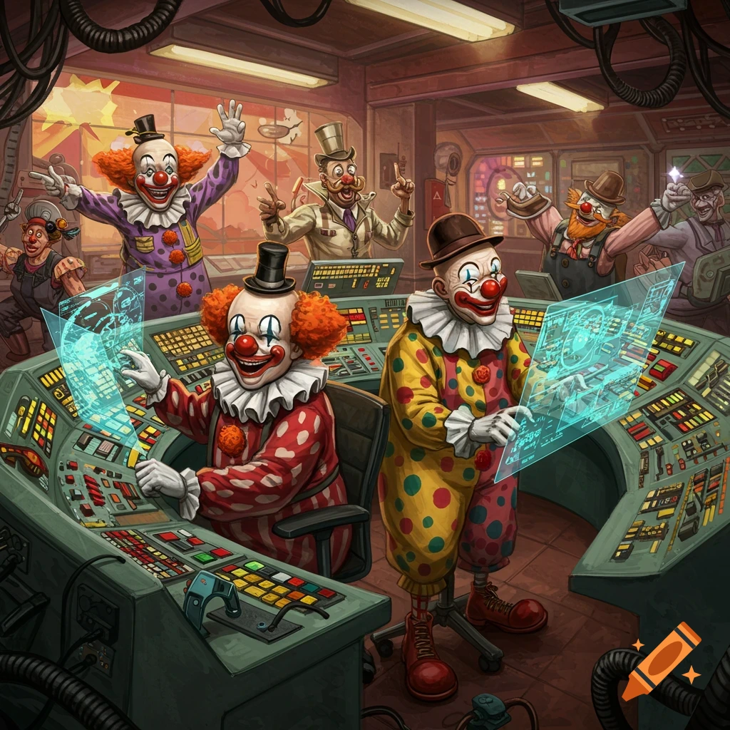 An illustration of several clowns in a retro-futuristic control center, some interacting with glowing holographic screens and control panels while others gesture excitedly.