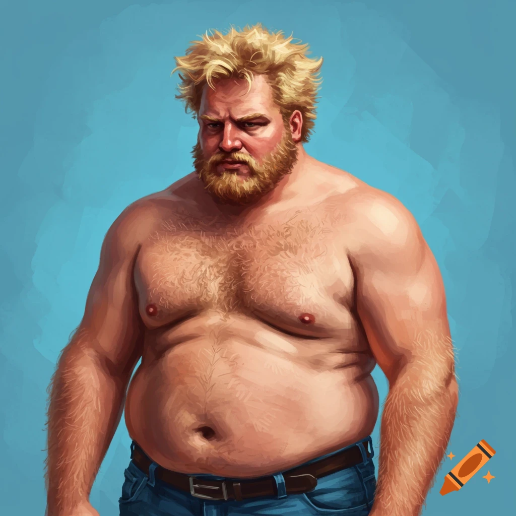 Digital painting of a shirtless, large, blond, bearded man with a stern expression against a blue background.