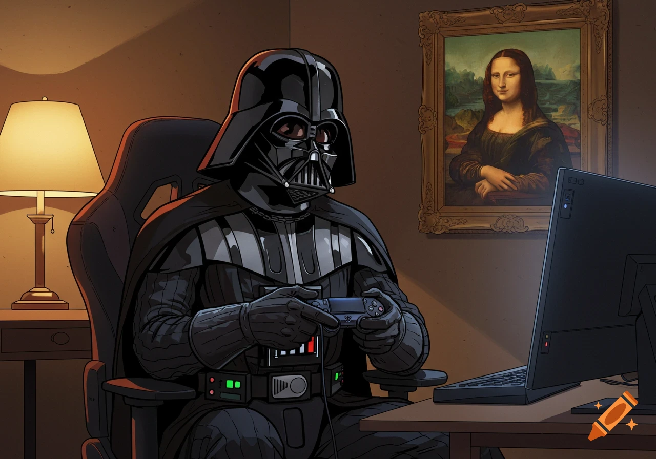 Darth Vader sitting in a gaming chair, playing a PlayStation controller. A framed Mona Lisa painting hangs on the wall behind him. Cartoon style.