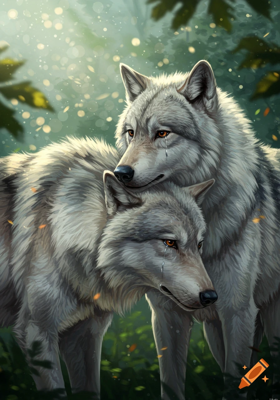 Two grey wolves, one resting its head on the other, both shedding tears in a luminous forest setting, digital illustration.