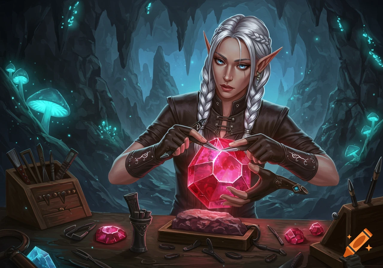 An elf-like gemcutter with white braided hair meticulously shaping a large glowing red gem in a mystical cave with bioluminescent mushrooms.