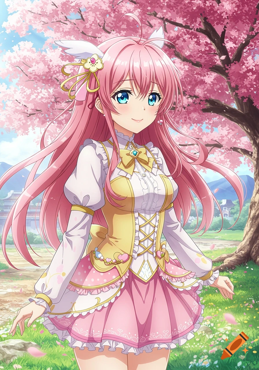 An anime girl with long pink hair and blue eyes, wearing a white and yellow dress, smiles under a pink cherry blossom tree.