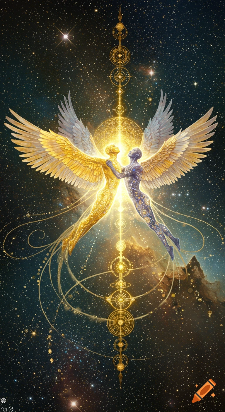 Two ethereal, winged figures, one golden and one purple, embrace amidst a star-filled cosmic sky with ornate golden patterns.