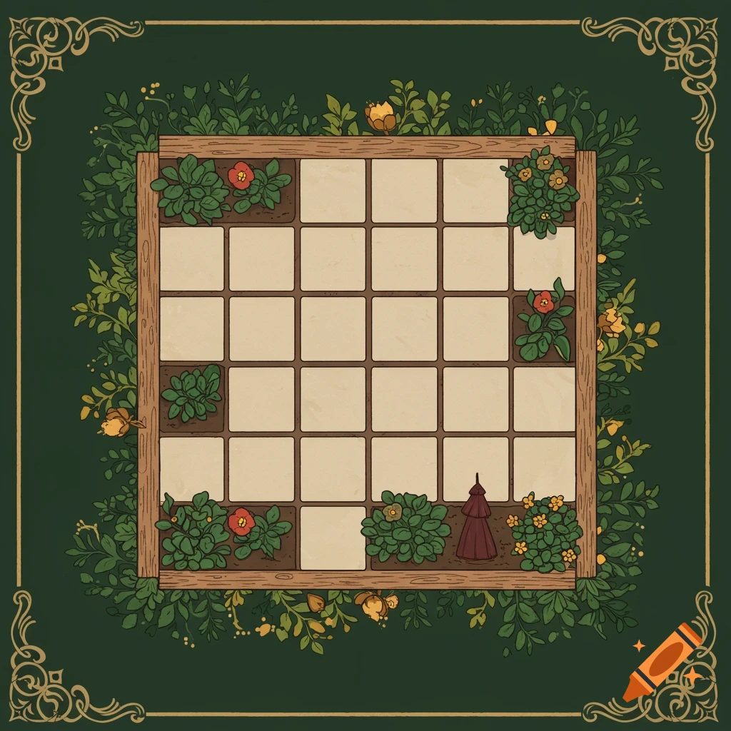 Top-down view of a square, minimalist garden board game with a 4x4 grid, surrounded by deep green foliage and soft gold accents in a cozy, flat vector style.