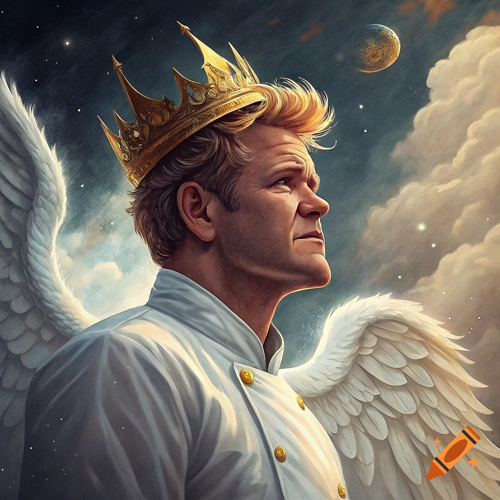 Gordon Ramsay wearing a white chef's coat, a gold crown, and white angel wings, looking up at a starry sky with clouds.