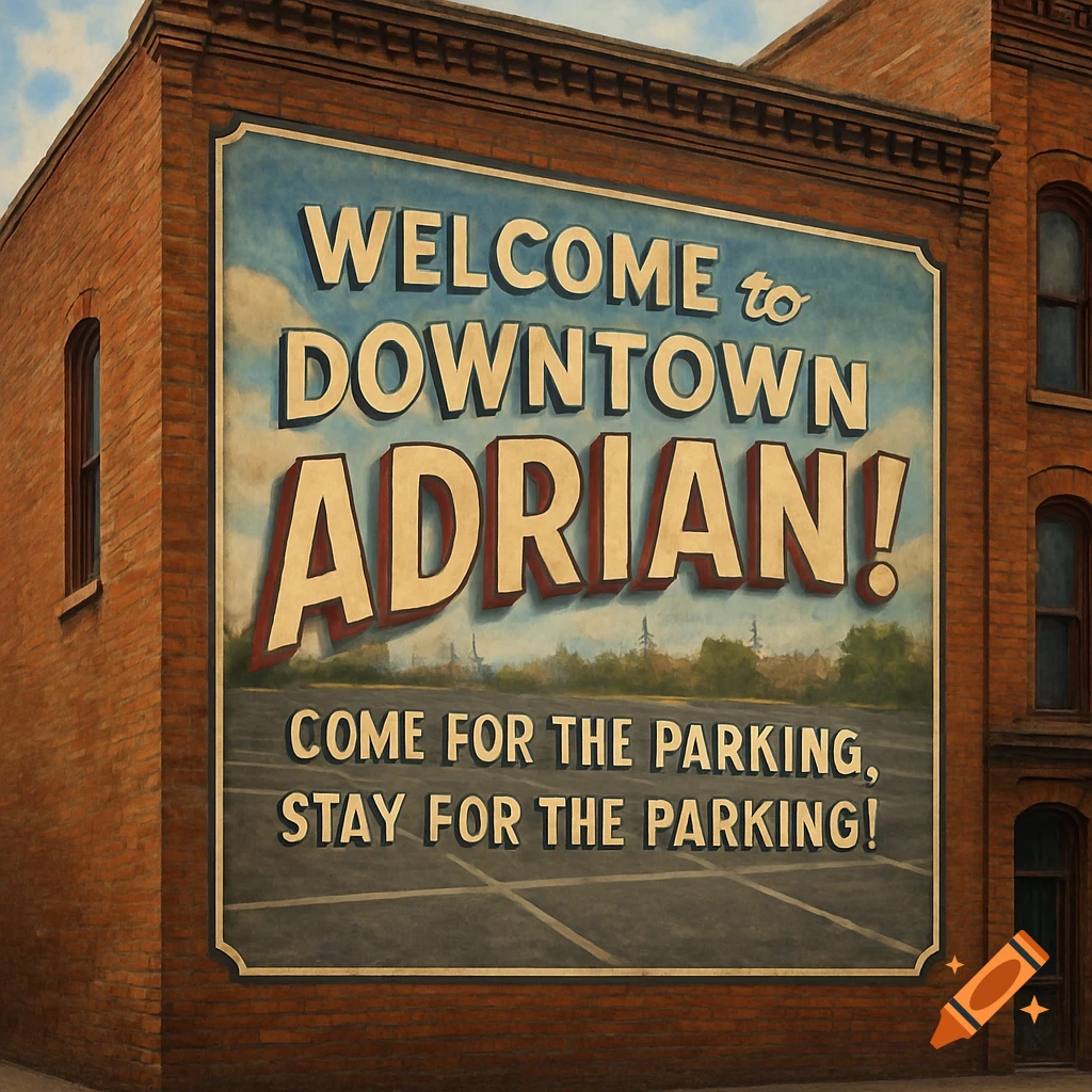 A large mural on the side of a historic brick downtown building that says, 'Welcome to Downtown Adrian! Come for the parking, stay for the parking!'