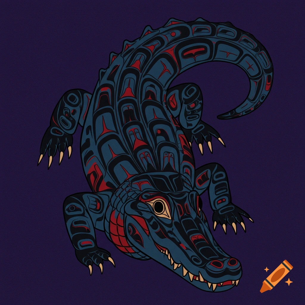A stylized alligator in Tlingit art style, featuring black, blue, and red patterns on a dark purple background.