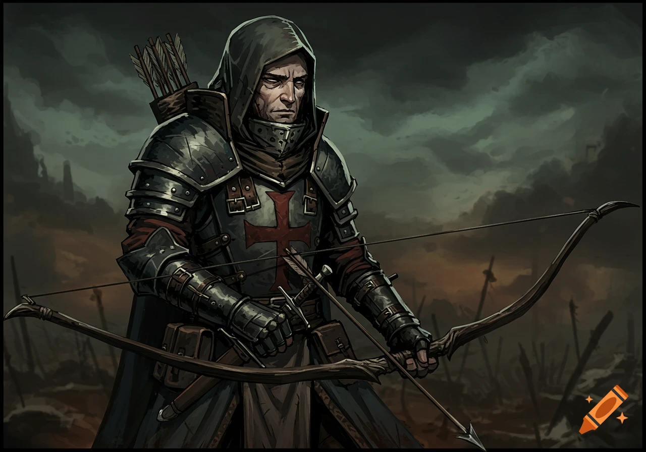 A grim male archer in dark medieval armor with a red cross emblem, holding a bow and arrow against a stormy battlefield background in a dark fantasy art style.