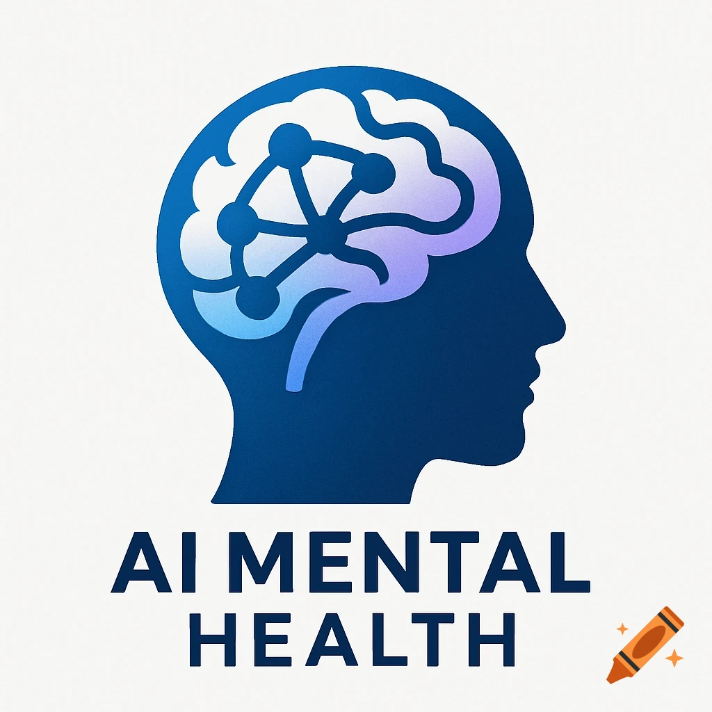 Stylized blue logo of a human head in profile with a neural network design for a brain, text reads 'AI MENTAL HEALTH'.