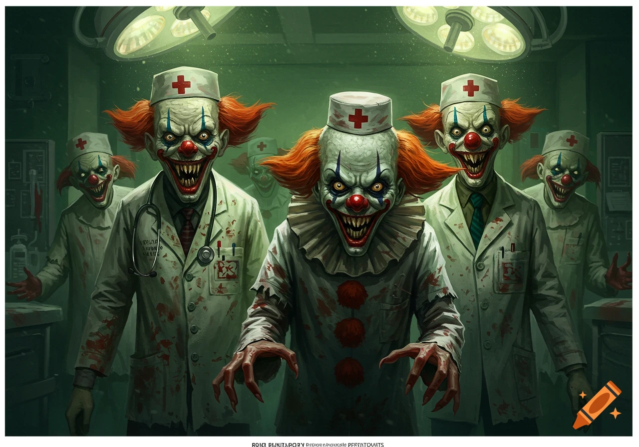A group of creepy clown doctors with sinister smiles and bloody lab coats stand in a dark, eerie operating room.