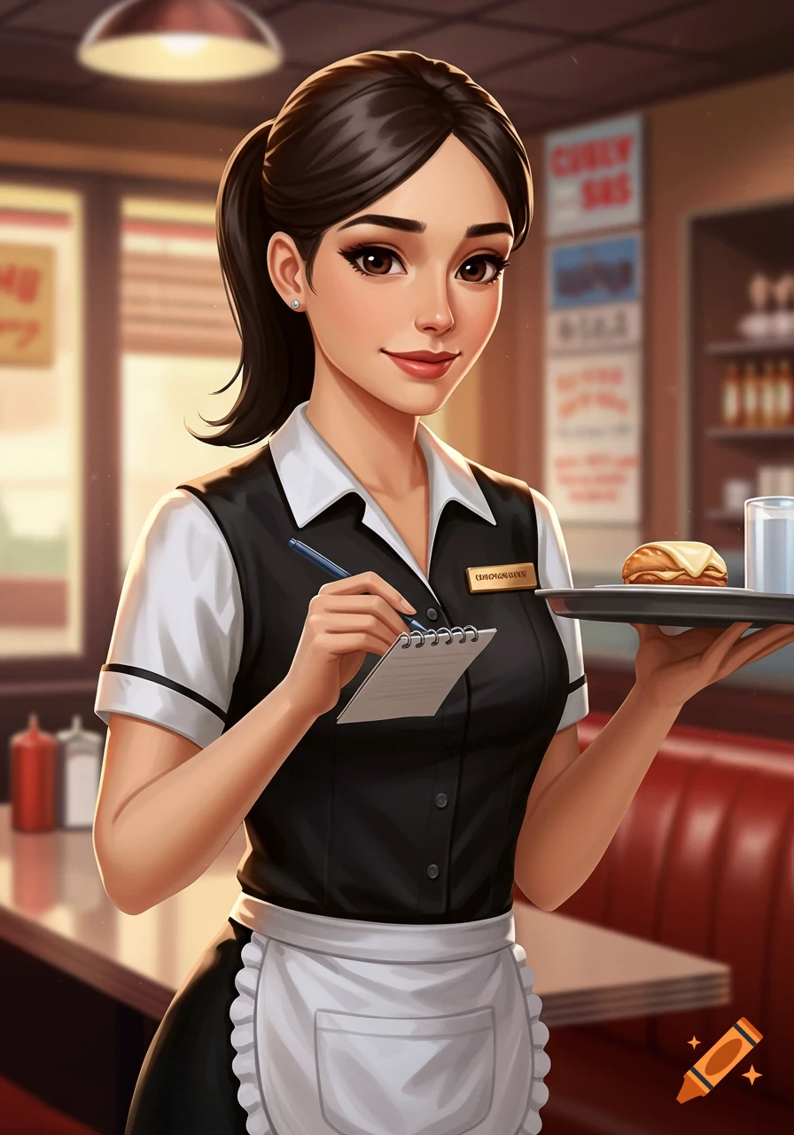 A cartoon-style female waitress with dark hair, wearing a white shirt and black vest, holding a notepad and pen, and carrying a tray with food in a diner setting.