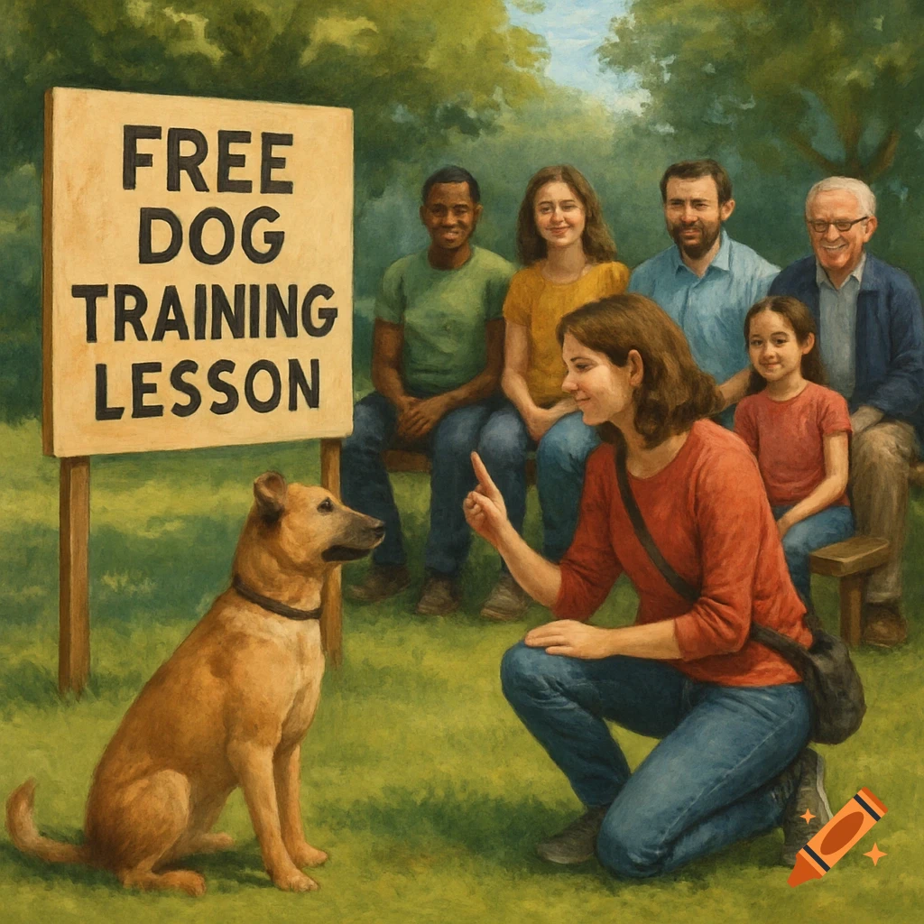 A woman kneels to train a brown dog sitting on grass next to a sign that reads 'FREE DOG TRAINING LESSON'. Several people watch from a bench in the background, all in a painterly style.