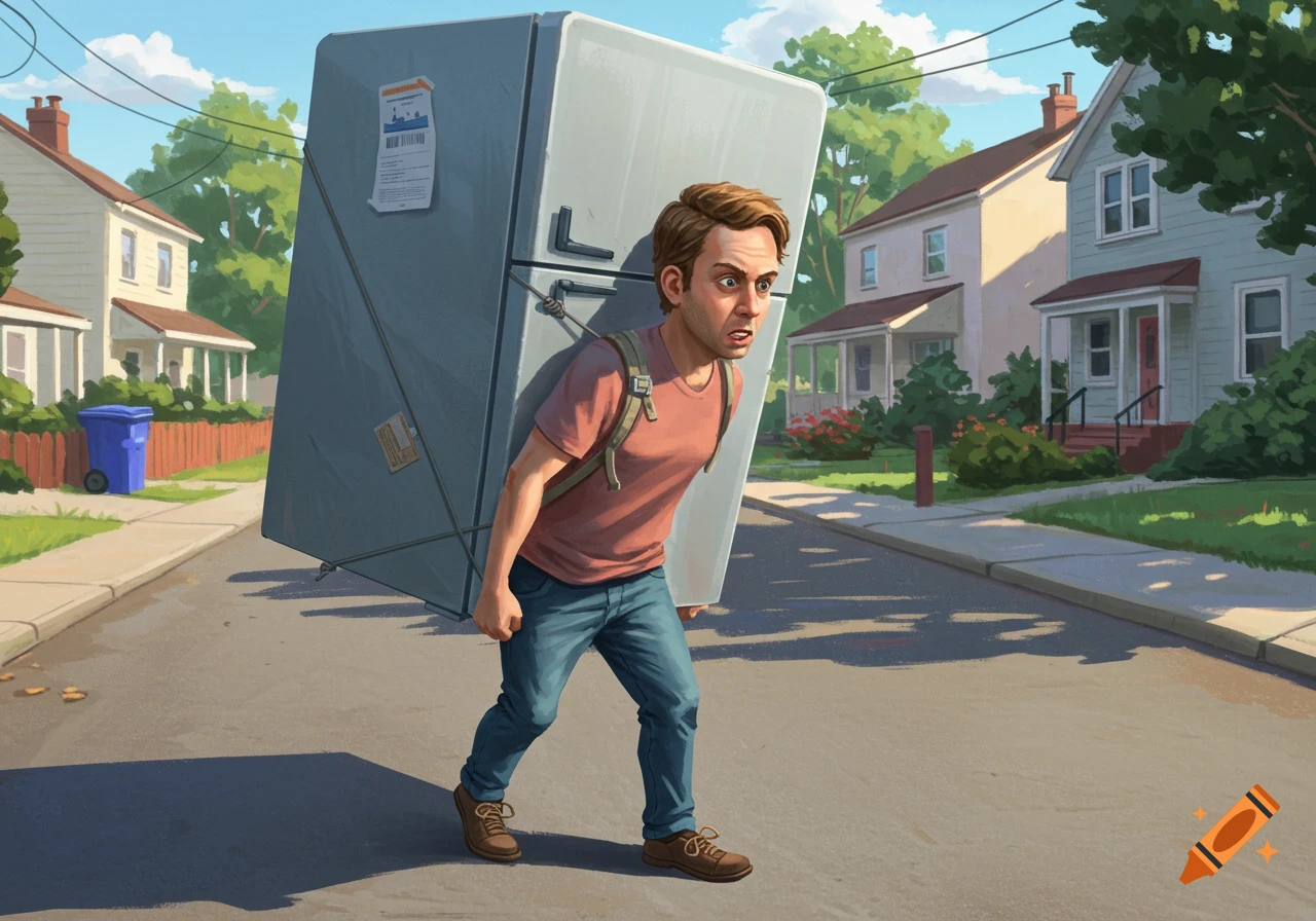 A man strains to carry a large grey refrigerator on his back down a suburban street, with houses and trees in the background, in a stylized illustration.