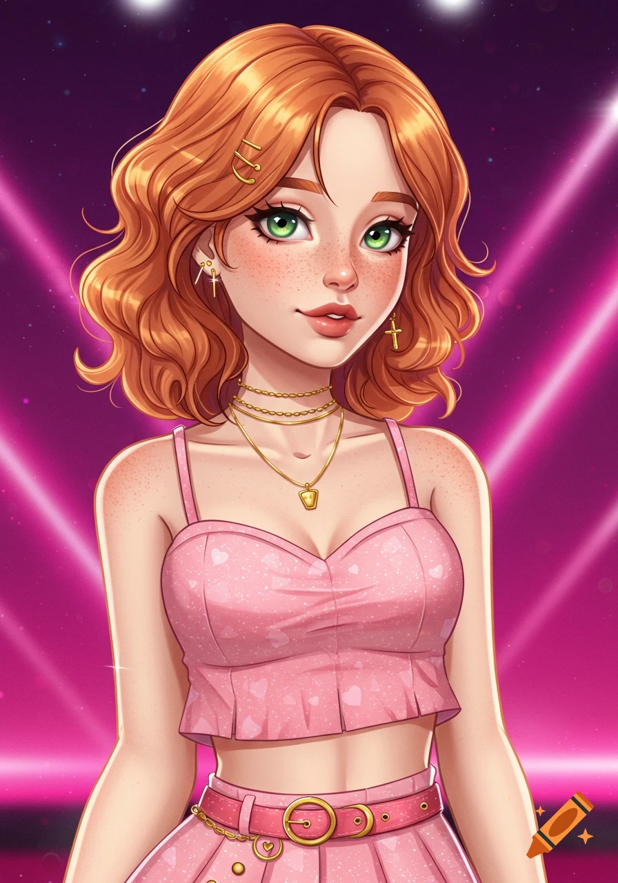 Anime-style portrait of a girl with red hair, green eyes, and freckles, wearing a pink crop top and skirt with gold jewelry, on a stage with pink spotlights.