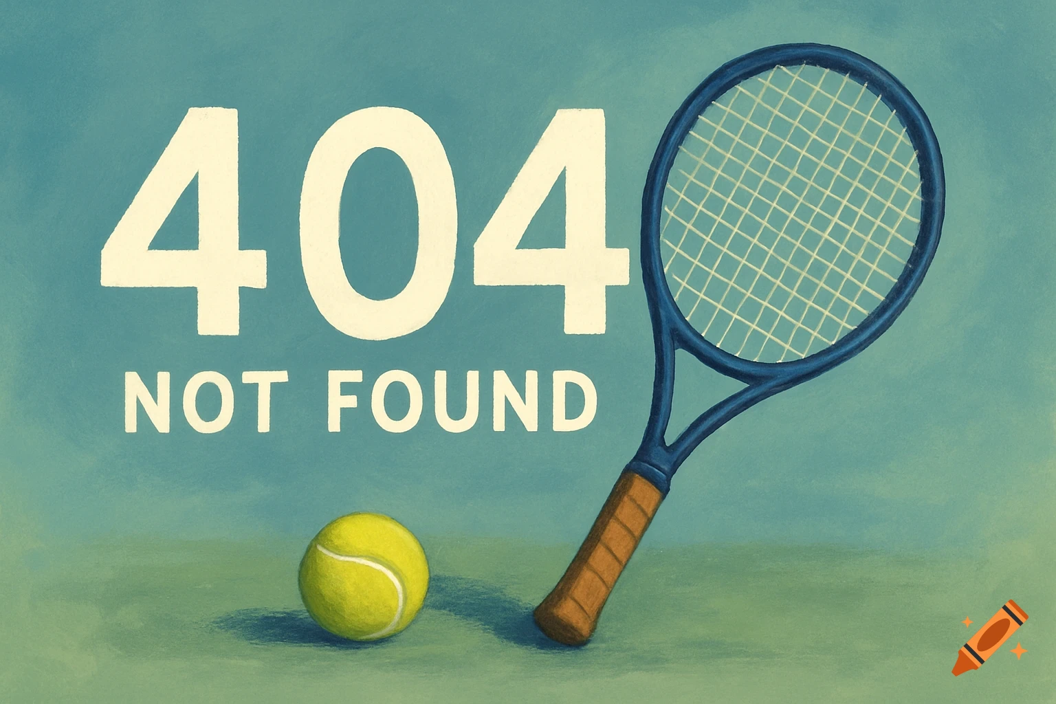 A 404 Not Found error page illustration with a tennis racket and ball on a green court against a blue background.