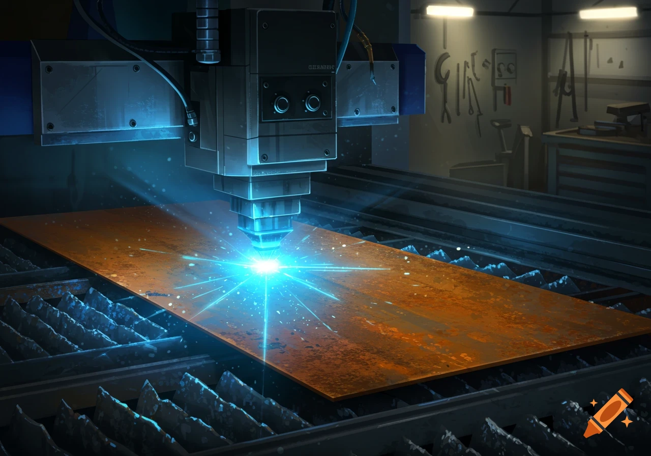 A blue laser cutting machine emits bright light while working on a rusted orange metal sheet in an industrial workshop.