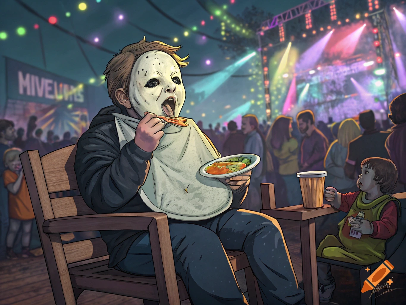 A child in a Michael Myers mask and bib eats baby food from a plate with a spoon, sitting at a table at a brightly lit outdoor EDM festival, while another smaller child watches.