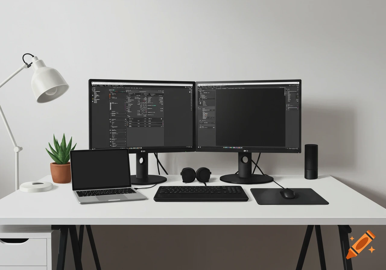 A clean, minimalist white desk setup with dual monitors, a laptop, keyboard, mouse, headphones, and a plant against a white wall.