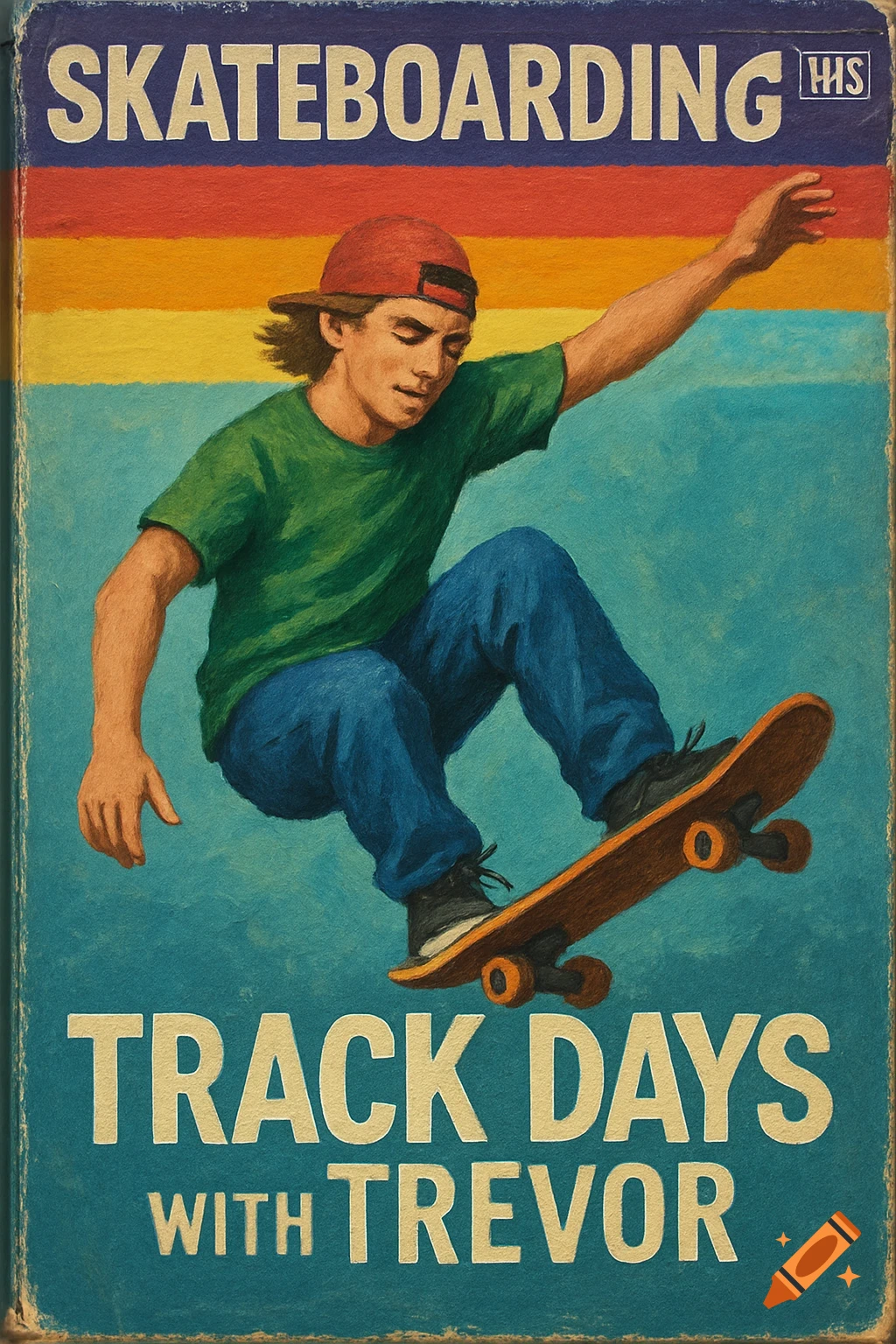 A retro VHS cover of a young man skateboarding mid-air with text "SKATEBOARDING TRACK DAYS WITH TREVOR" and colorful stripes.