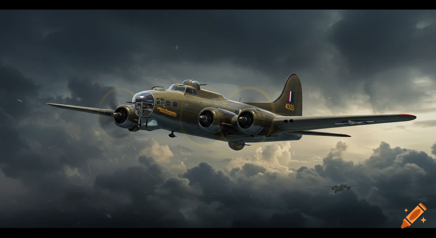 A photorealistic B-17 bomber plane flies through a dark, cloudy sky, with another bomber in the distance.