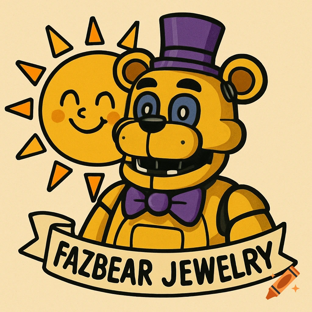 A cartoon illustration of a yellow animatronic bear in a purple top hat and bowtie, with a smiling sun behind it. A banner below reads 'FAZBEAR JEWELRY'.