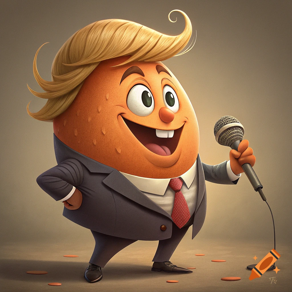 Cartoon egg-shaped man with blonde hair resembling Donald Trump, wearing a suit and holding a microphone.