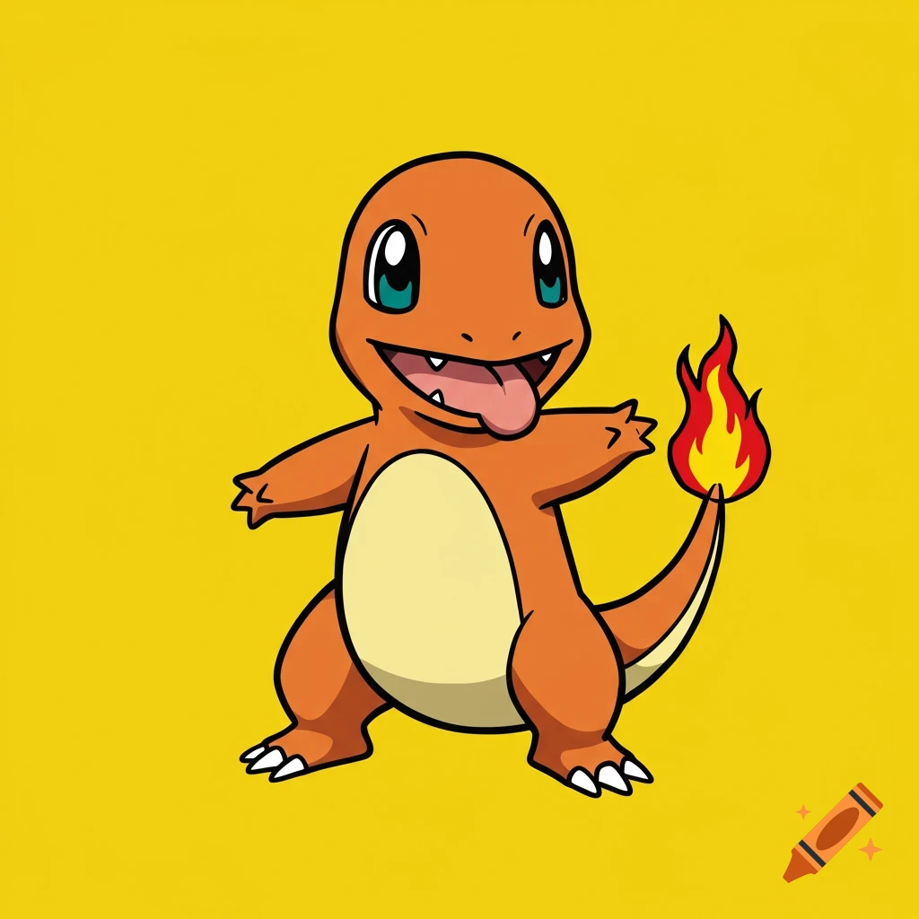 A pop art illustration of Charmander, an orange lizard-like Pokémon, standing on a solid yellow background with its tongue out and a flame on its tail.