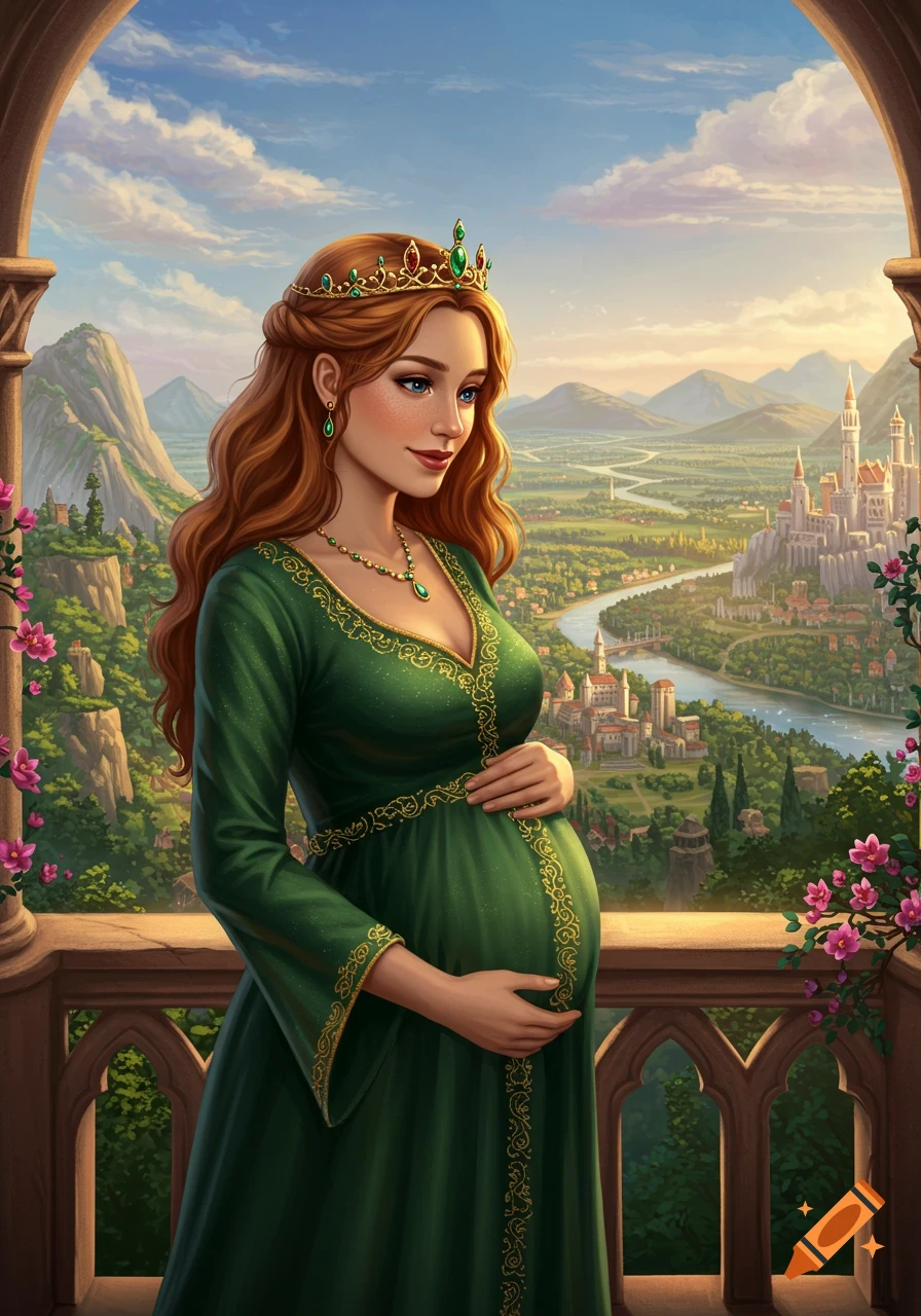 A beautiful pregnant queen in a green dress and crown stands on a balcony overlooking a lush fantasy landscape with a castle and river. on Craiyon A beautiful pregnant queen in a green dress and crown stands on a balcony overlooking a lush fantasy landscape with a castle and river. on Craiyon
