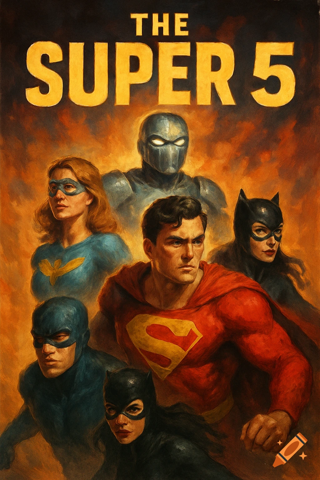 A movie poster in vintage style features a group of superheroes, including Superman and Batman-like figures, titled 'The Super 5'.