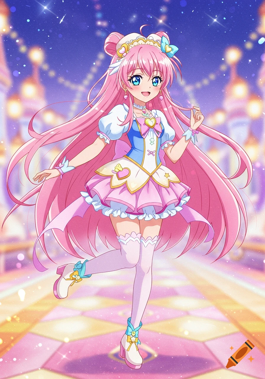 An anime girl with long pink hair and blue eyes, wearing a pink, blue, and white magical girl outfit, standing in a sparkling, dreamlike setting.
