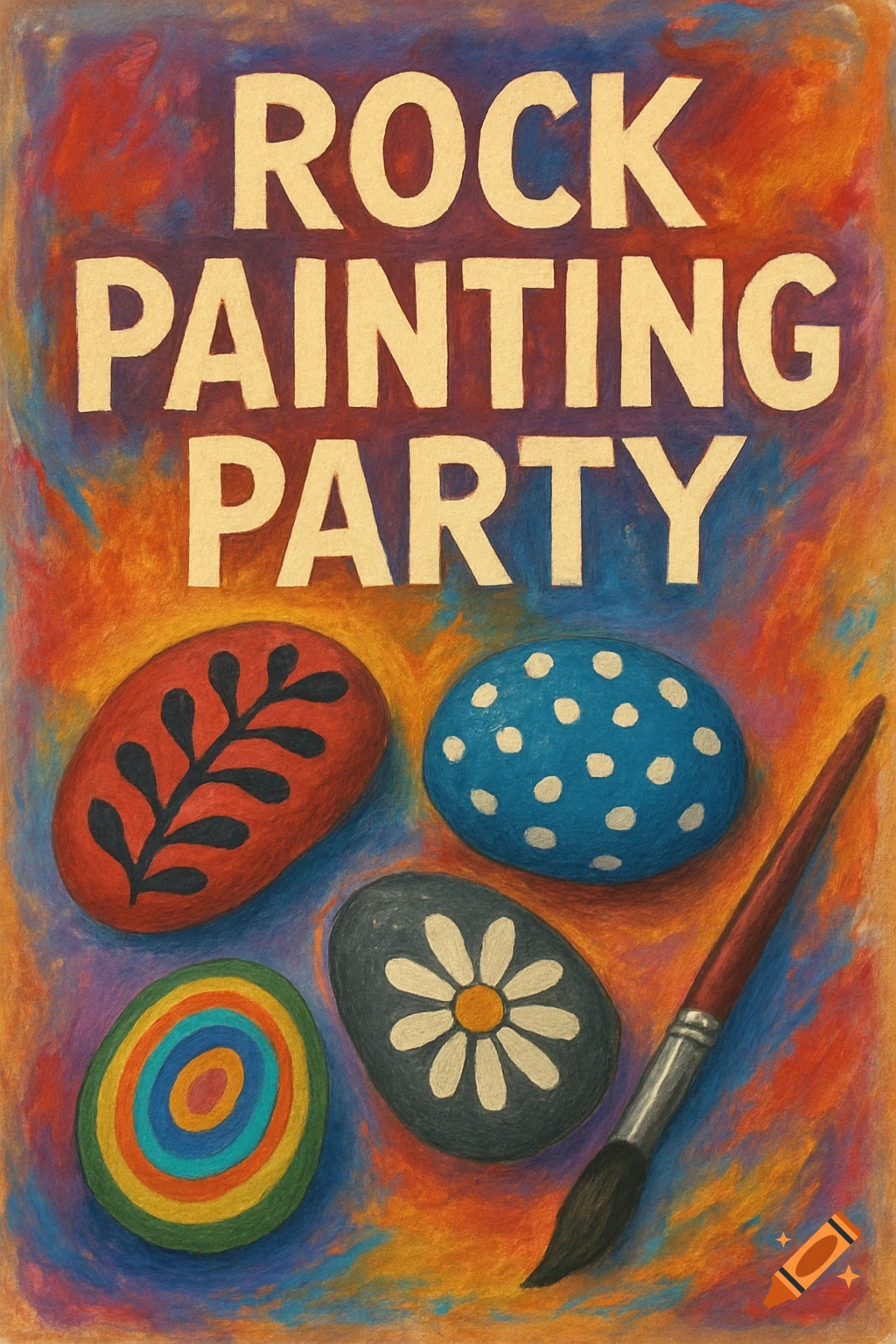 A colorful flyer for a rock painting party, featuring four painted rocks and a paintbrush on a textured, multi-colored background. Text reads 'ROCK PAINTING PARTY'.