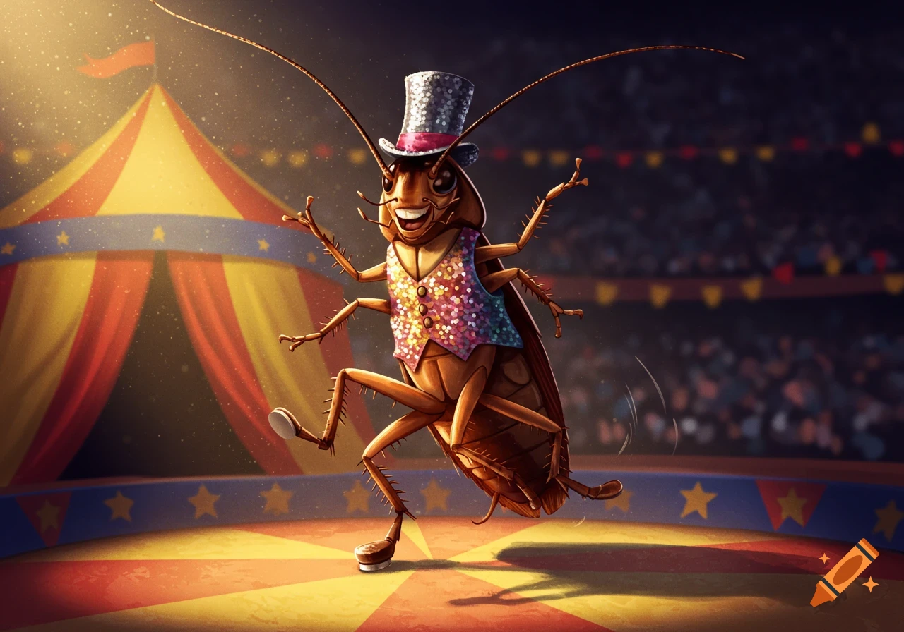 A cartoon cockroach wearing a top hat and a sparkly vest dances on a circus stage with a big tent in the background.