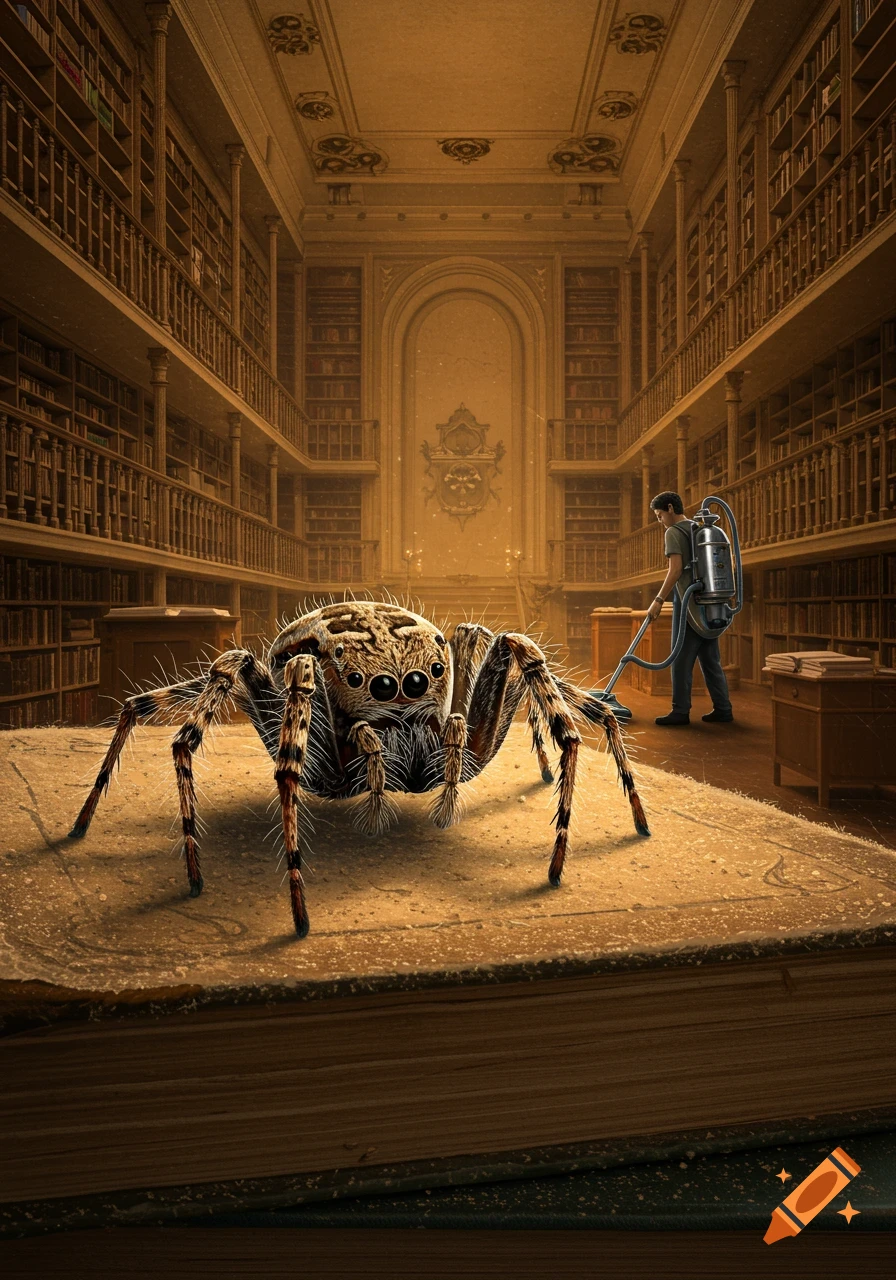A giant, photorealistic jumping spider sits on a large book in a grand library, with a person vacuuming in the background.